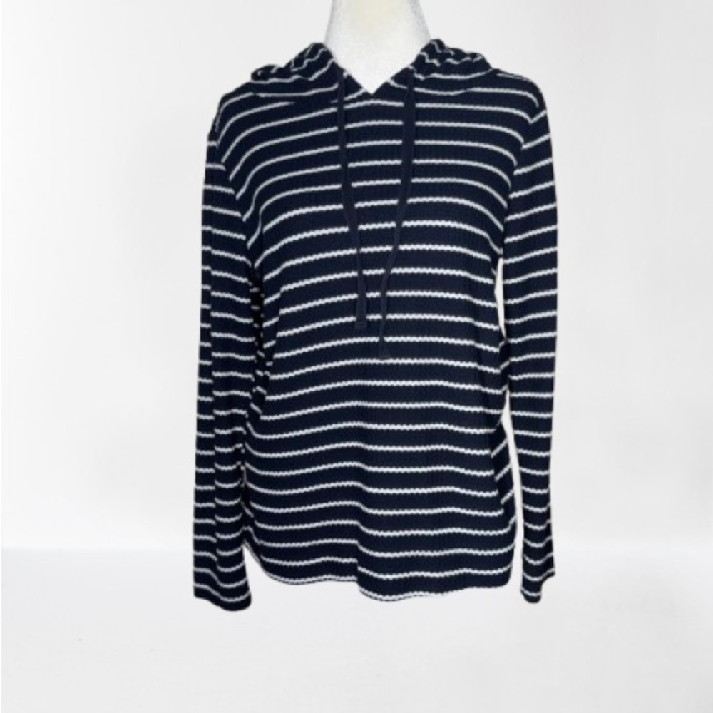 LOFT Navy and White Striped Hooded Pullover Sweater Size Medium